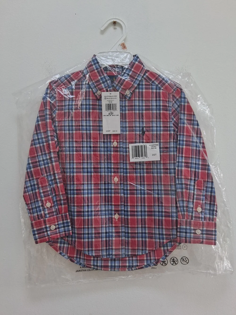 Ralph Lauren Boys' Red Blue White Plaid Button-Up Shirt Size 2/2T Preppy Casual